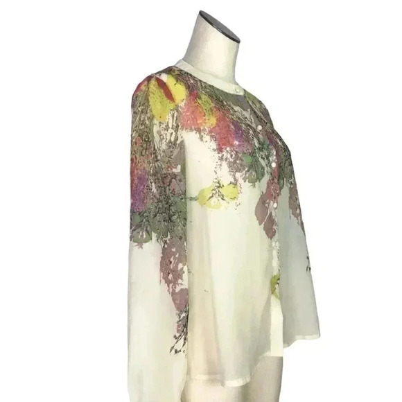 Beulah Style Womens M Floral Pleated Button Up Tuinic Top Ivory Semi Sheer LS - Picture 2 of 7